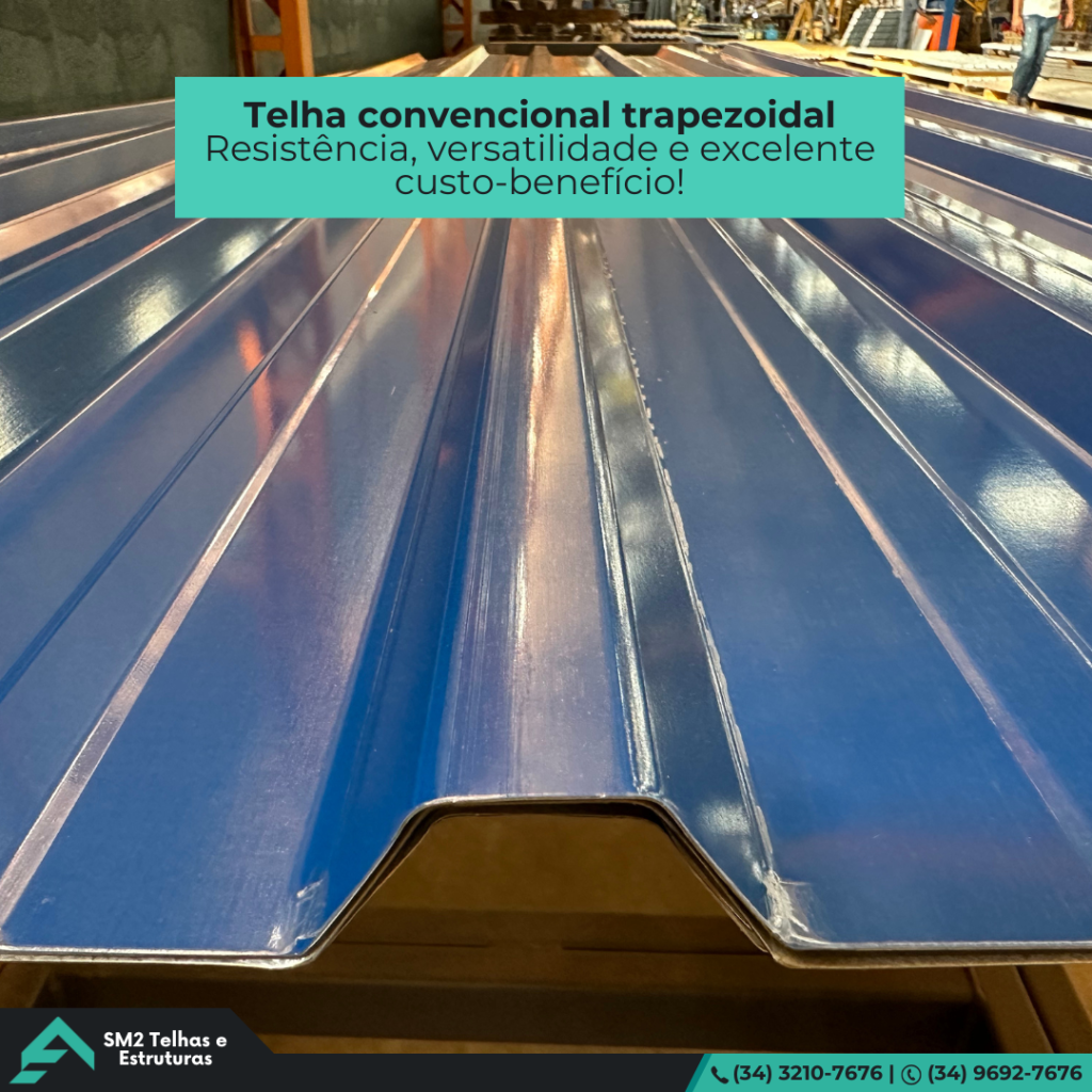 Telha Convencional Trapezoidal. Resistência, versatilidade e excelente custo-benefício. Entre em contato e solicite seu orçamento de telhas trapezoidais com a SM2.