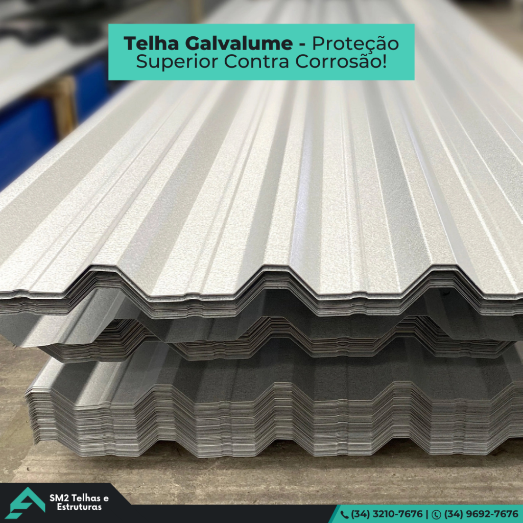 Telha galvalume. A telha galvalume possui revestimento com liga de alumínio e zinco, oferecendo alta resistência à corrosão e excelente durabilidade.